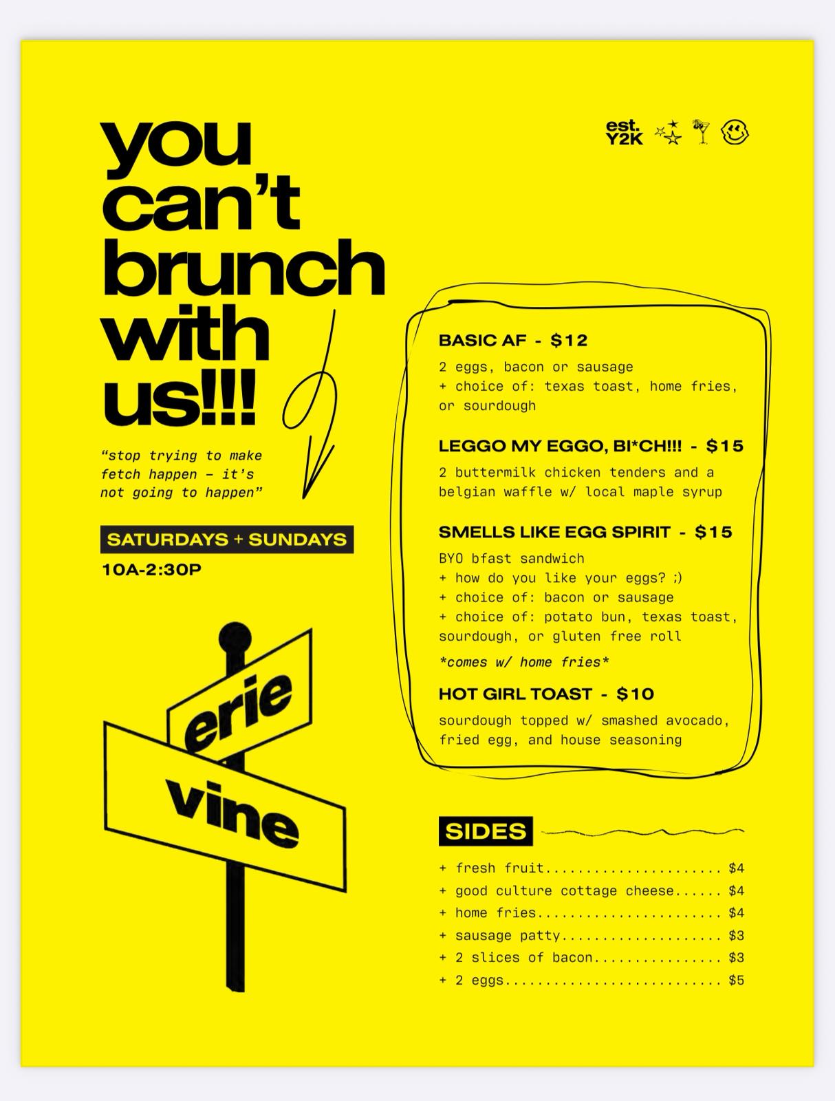 Weekend brunch menu at Erie + Vine in Willoughby, Ohio featuring chicken and waffles, avocado toast, and home fries with a Y2K-inspired design