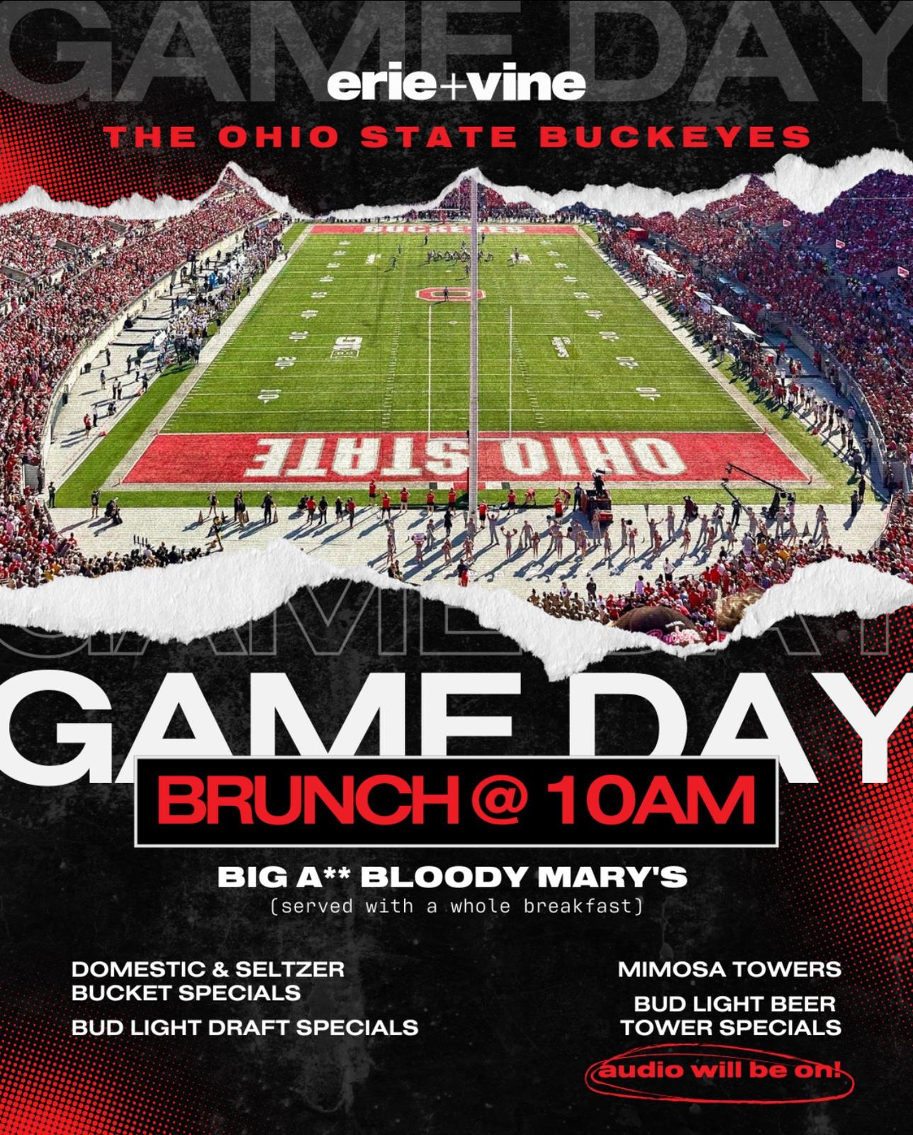 Ohio State Buckeyes football game day brunch at Erie + Vine in Willoughby featuring Bloody Marys and drink towers with full game audio