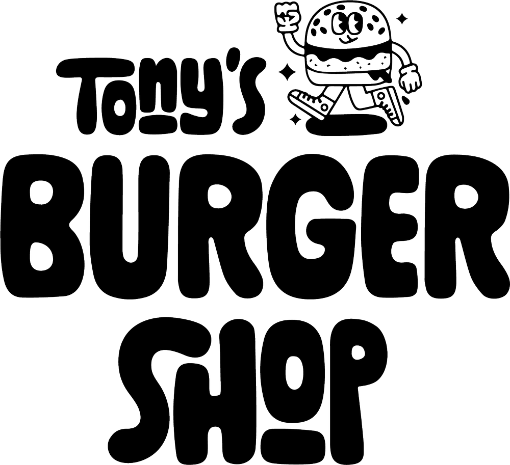 Tony’s Burger Shop logo in bold black lettering with a smiling cartoon burger character wearing sneakers, representing the featured burger partner at Erie + Vine in downtown Willoughby, Ohio.