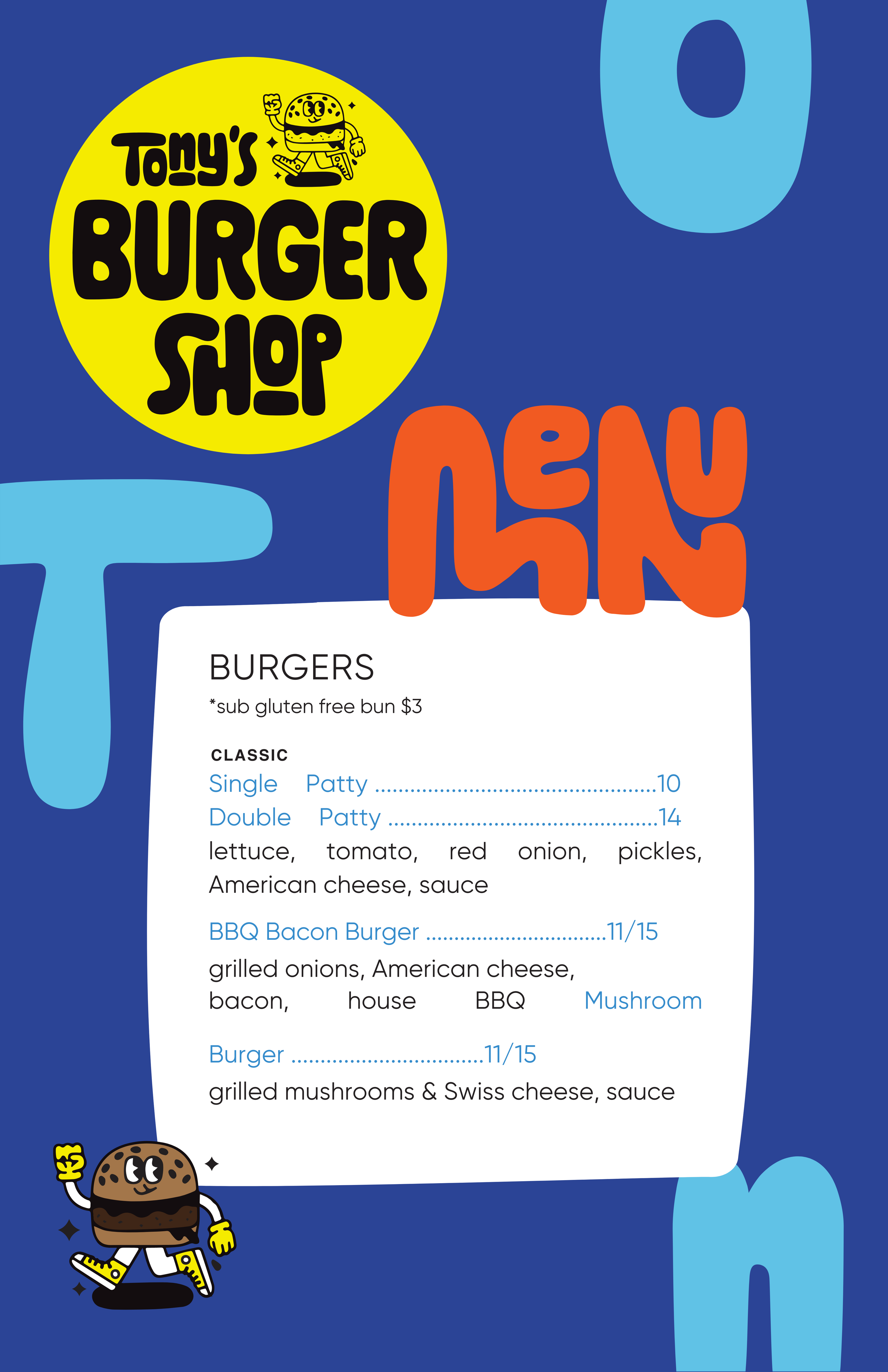 Front page of Tony’s Burger Shop menu at Erie + Vine in downtown Willoughby, Ohio, showcasing classic burgers like the Single Patty, Double Patty, BBQ Bacon Burger, and Mushroom Burger with pricing and ingredients.