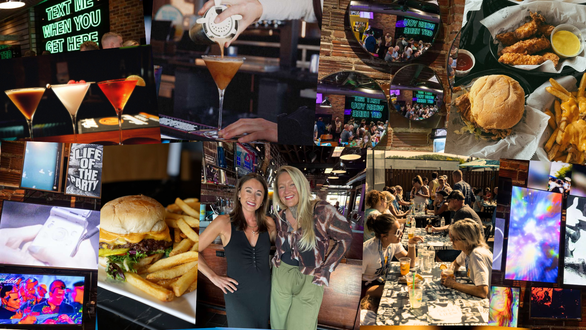A vibrant collage capturing the energy of Erie + Vine, downtown Willoughby’s go-to hangout for craft cocktails, community, and Y2K nostalgia. From neon signs and martinis to wall art and outdoor seating, this image reflects the heart and soul of E+V—where retro vibes meet modern drinks and good times. Shown are smiling guests, bartenders in action, and the ever-popular “TEXT ME WHEN YOU GET HERE” sign glowing behind the bar.